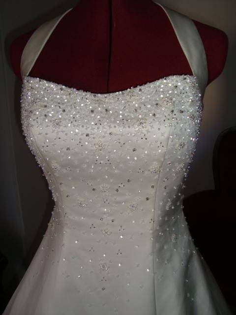 Light cream/ivory halter neck WEDDING DRESS with pearls and silver beads - size 32