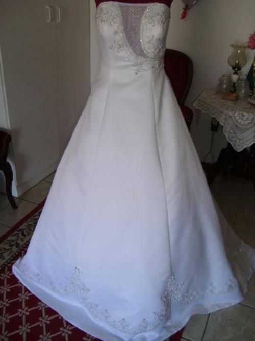 WHITE DUCHESS SATIN strapless WEDDING DRESS with silver and white beading  - size 32/34