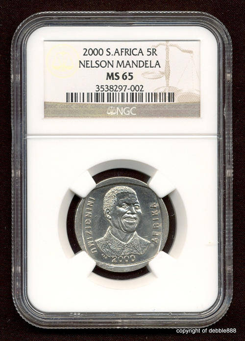 "SECOND HIGHEST GRADED" MS65  2000 SMILEY  MANDELA  R5 COIN.