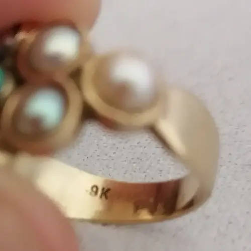 A superb 9ct gold turquoise and pearl heavy ring