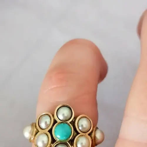 A superb 9ct gold turquoise and pearl heavy ring