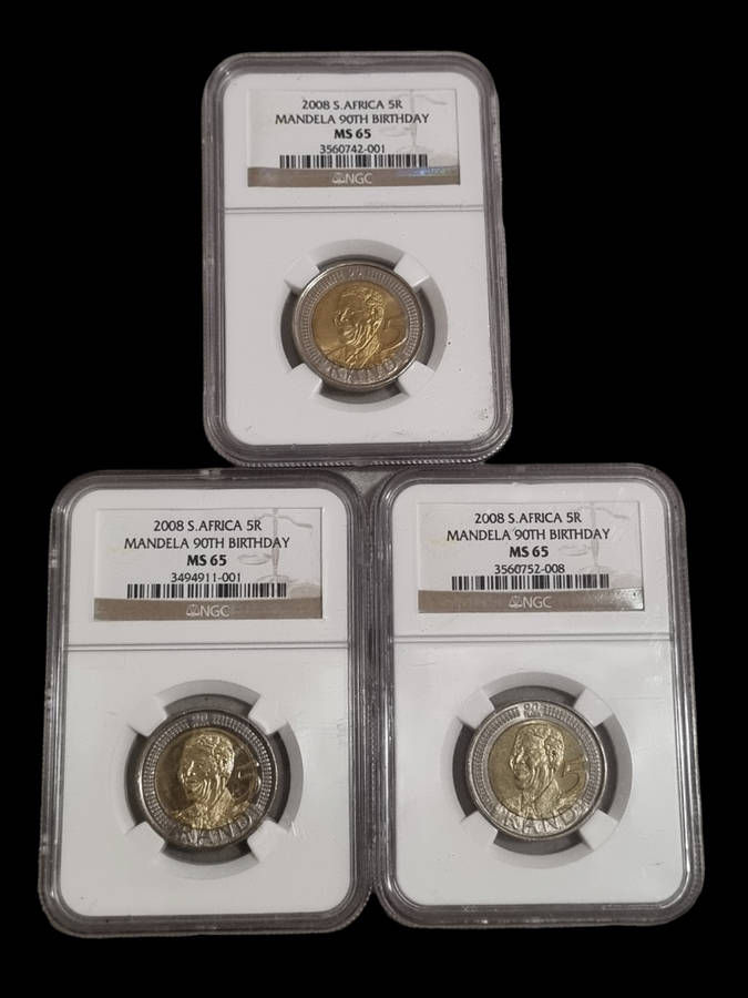 South Africa: 2008 Mandela 90th Birthday R5, NGC Ms65 3 coin lot. 1 bid takes the lot