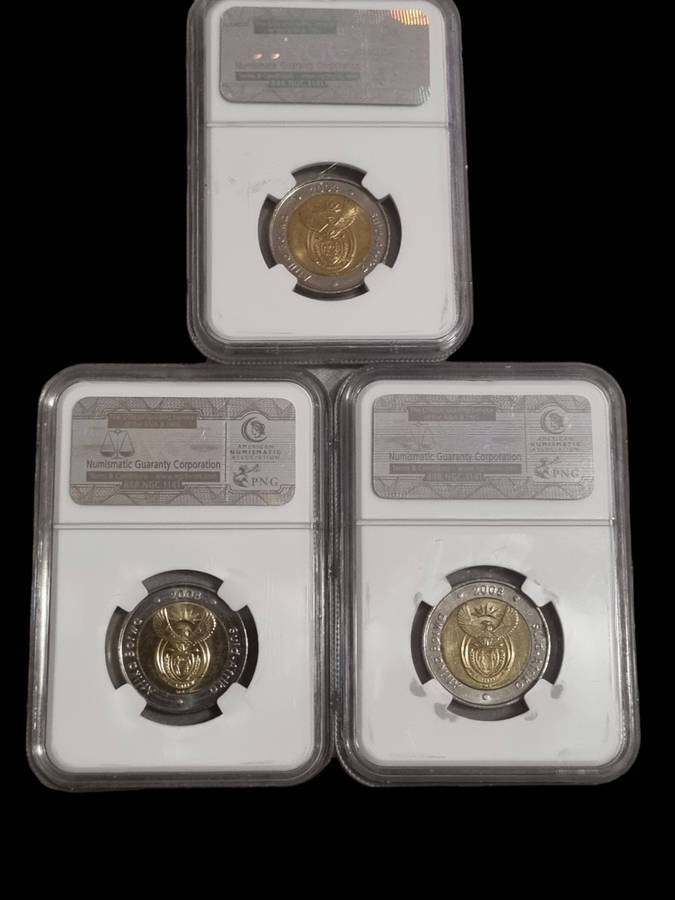 South Africa: 2008 Mandela 90th Birthday R5, NGC Ms65 3 coin lot. 1 bid takes the lot