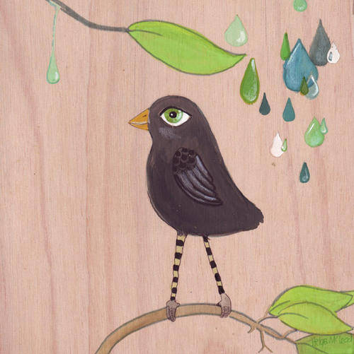 Happy bird with colorful raindrop design Original painting acrylic, watercolor, ink