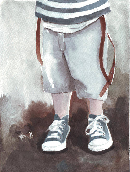 Original watercolor painting boy art leather suspenders stripe shirt white pants