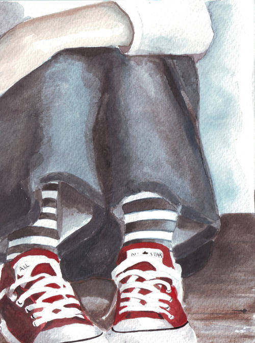 Original watercolor painting sitting girl denim red converse white pale shirt stripe socks stockings