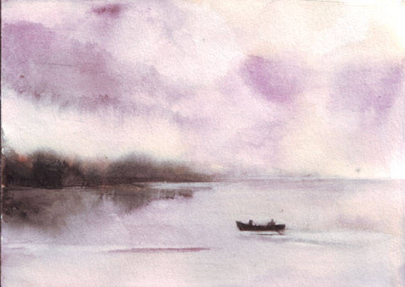 Original watercolor art lake painting boat lovers sunset mist mountains forests water reflections