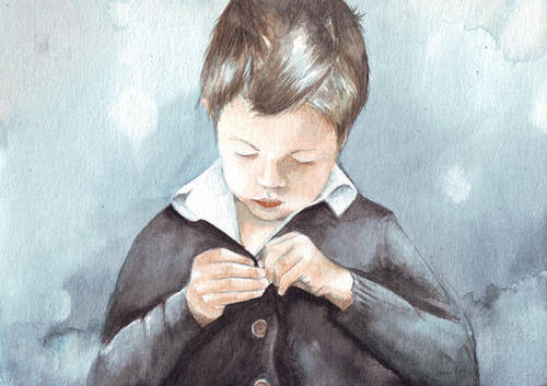 Original watercolor painting Little Boy in grey jersey art