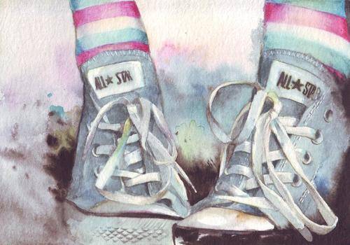 HM075 Original watercolor art painting of Converse All Stars with rainbow socks by Helga McLeod