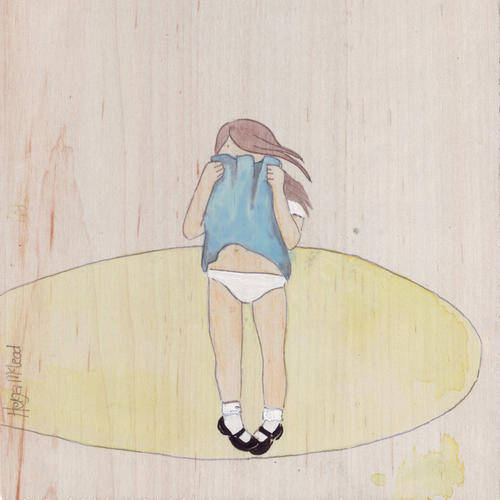 Shy girl in her blue school dress, feeling under spot light original painting art