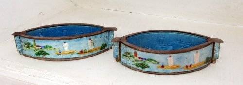 Wonderful pair of vintage Chinese metal and enamel  trinket / ash trays with landscape image