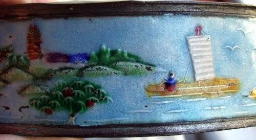 Wonderful pair of vintage Chinese metal and enamel  trinket / ash trays with landscape image
