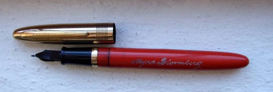 Vintage USA Wearever Fountain Pen, red with gold cap, engraved.
