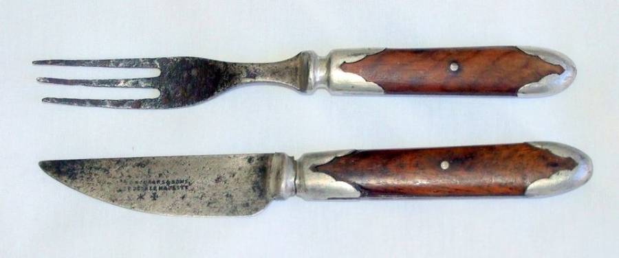 ANTIQUE RODGERS & SONS EARLY VICTORIAN KNIFE AND 3 PRONG FORK