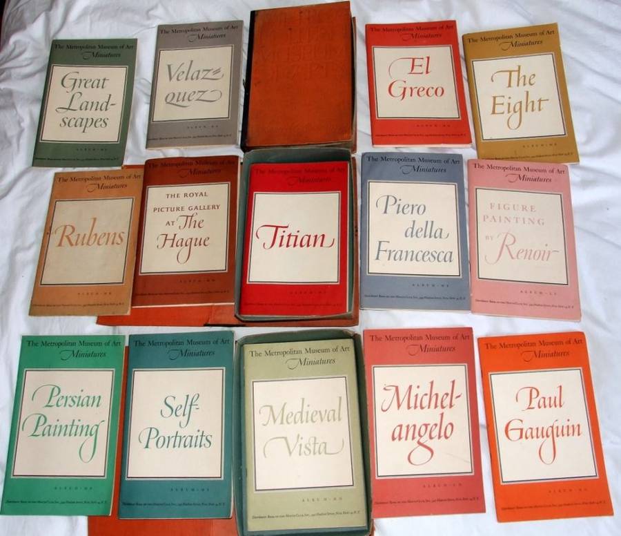 Collection of METROPOLITAN MUSEUM OF ART MINIATURES, 14 books in 3 boxes, published c1954