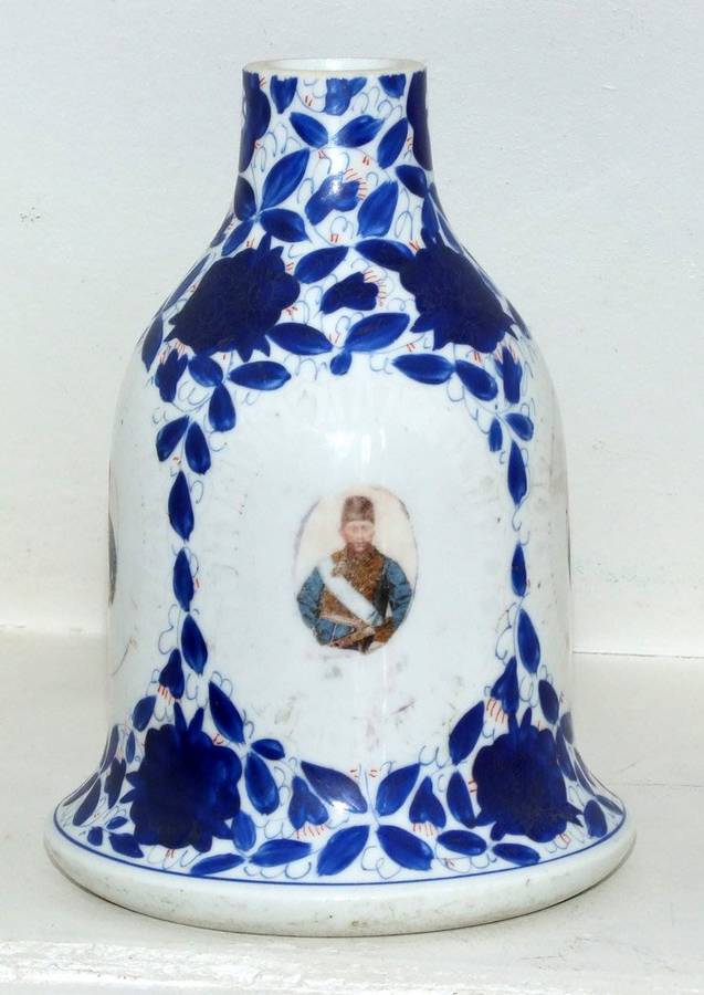 ANTIQUE HAND PAINTED CERAMIC HOOKAH BASE WITH TRANSFER PORTRAITS, PERSIAN