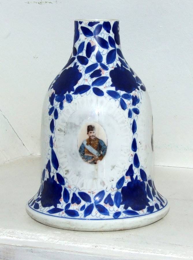 ANTIQUE HAND PAINTED CERAMIC HOOKAH BASE WITH TRANSFER PORTRAITS, PERSIAN
