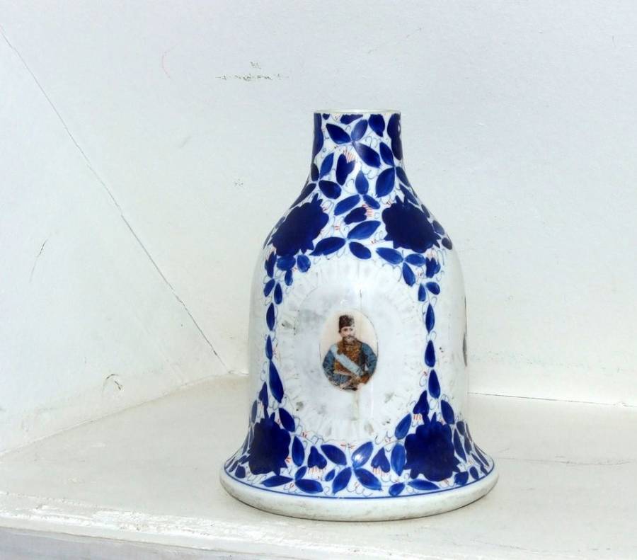 ANTIQUE HAND PAINTED CERAMIC HOOKAH BASE WITH TRANSFER PORTRAITS, PERSIAN