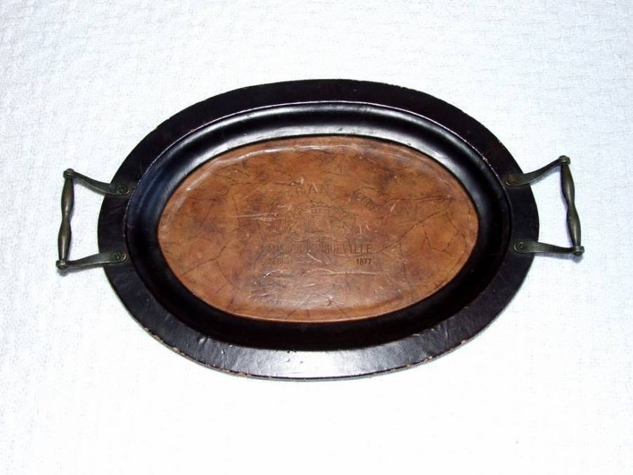 Rare! PICHON LONGUEVILLE 1877 LEATHER COVERED VINTNER'S TRAY WITH BRONZE HANDLES