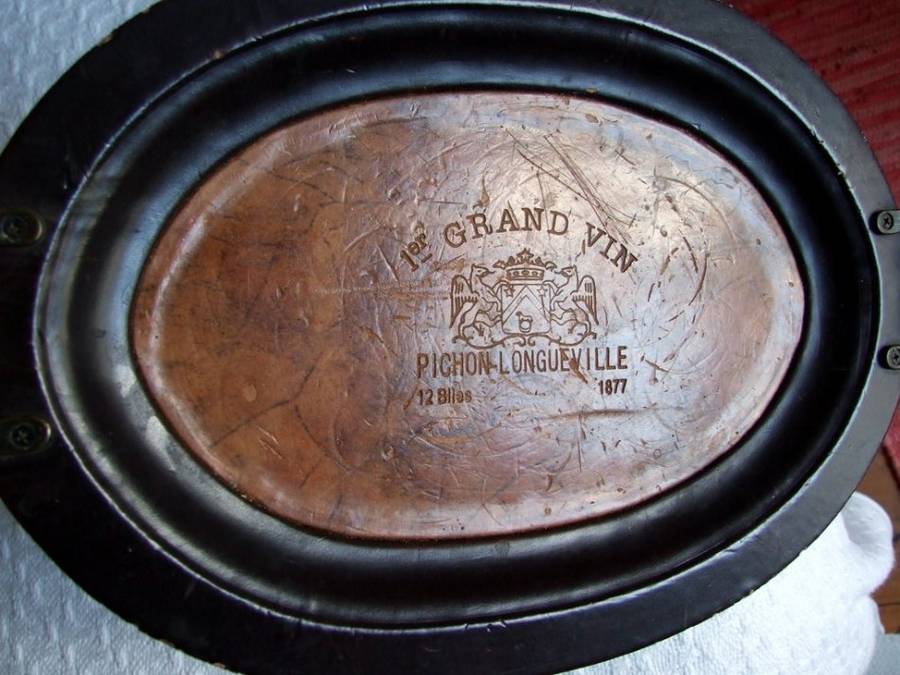 Rare! PICHON LONGUEVILLE 1877 LEATHER COVERED VINTNER'S TRAY WITH BRONZE HANDLES