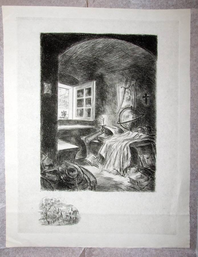 Excellent vintage etching - scholar`s alcove.
