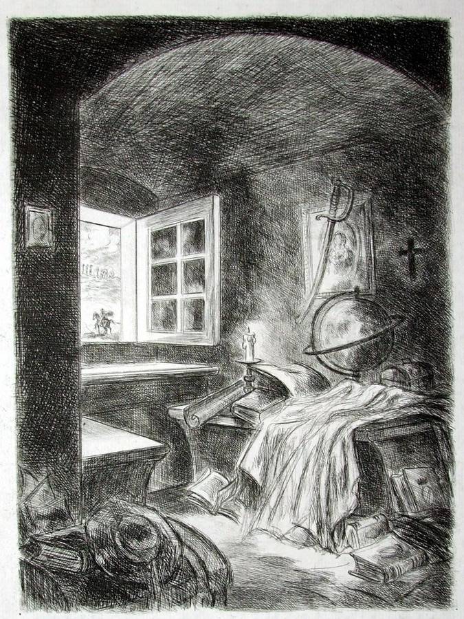 Excellent vintage etching - scholar`s alcove.