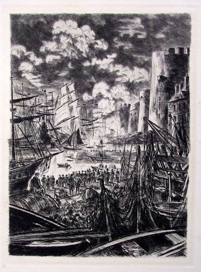 Classic vintage etching - Harbour scene