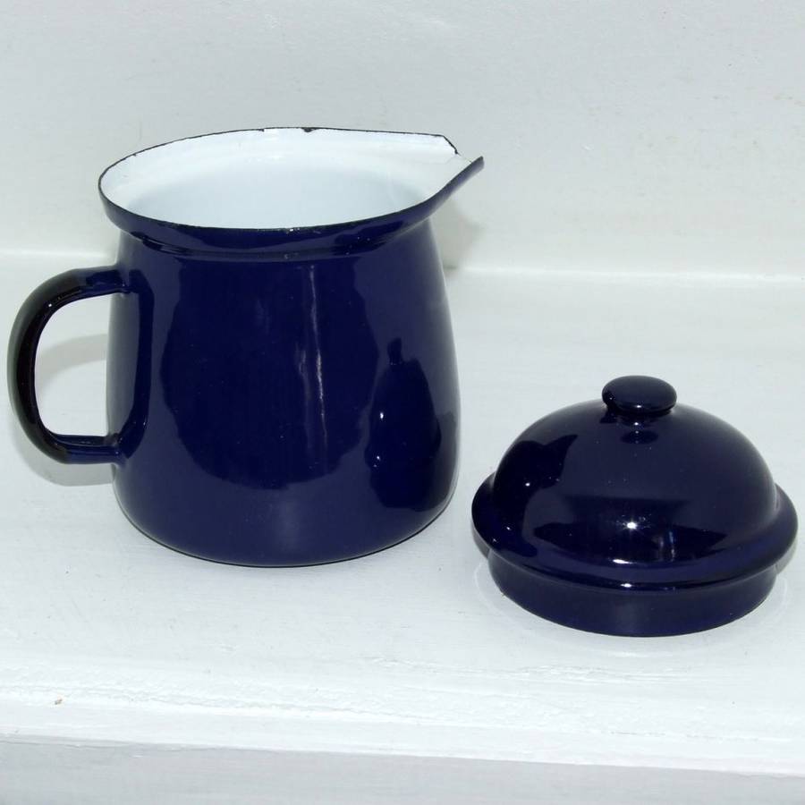 Gorgeous dark blue Polish enamel lidded jug, 135mm high with lid.