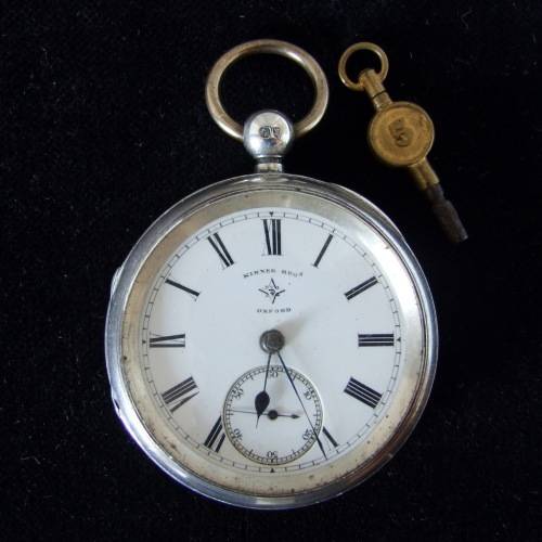 Antique hallmarked silver case with Kirner Bros. Oxford fusee,  wind key pocket watch, 1884 Working.