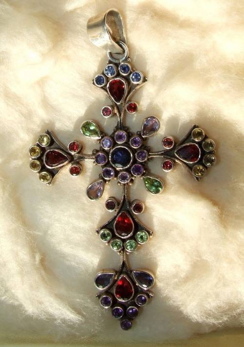 Vintage Sterling Silver Cross with  garnets, amethyst, peridot and blue topaz