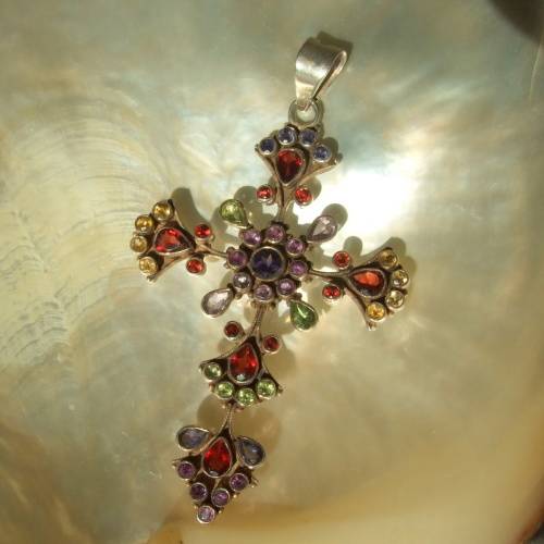 Vintage Sterling Silver Cross with  garnets, amethyst, peridot and blue topaz