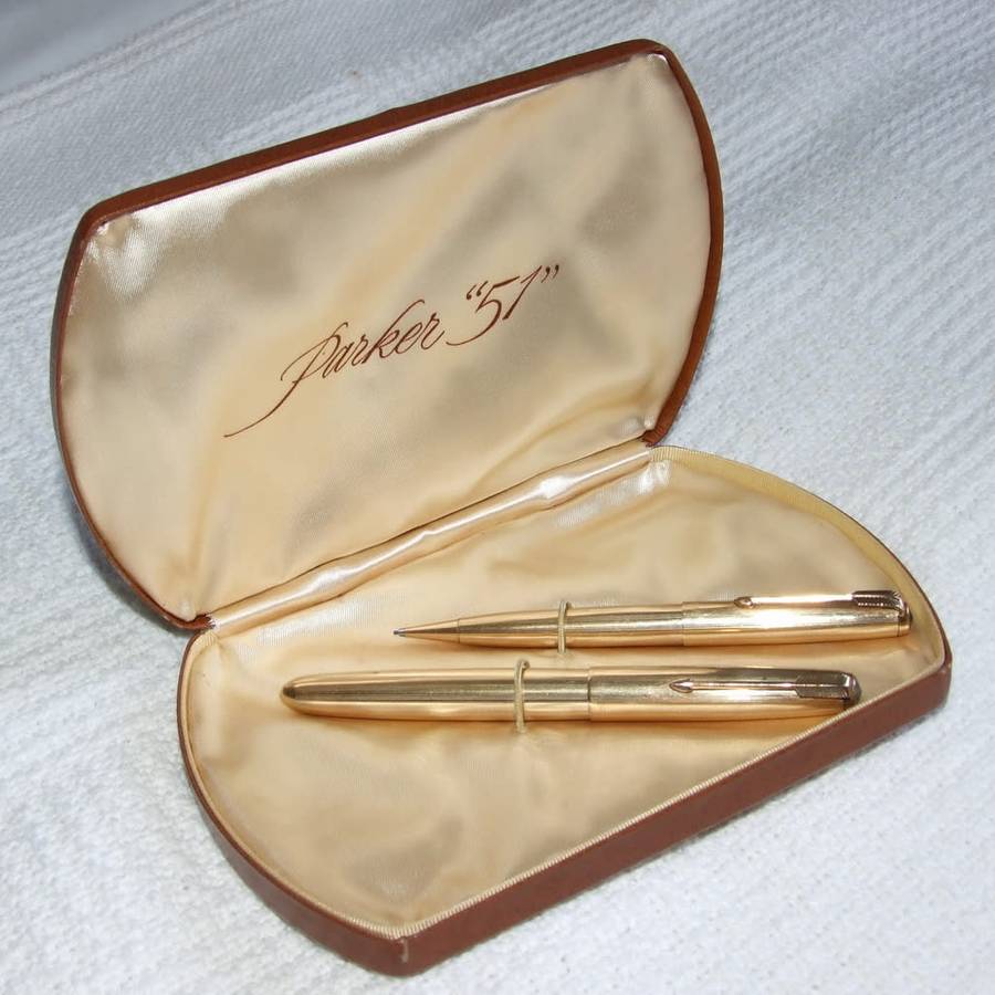 Boxed 14k gold filled Parker 51 fountain pen and pencil set, working.