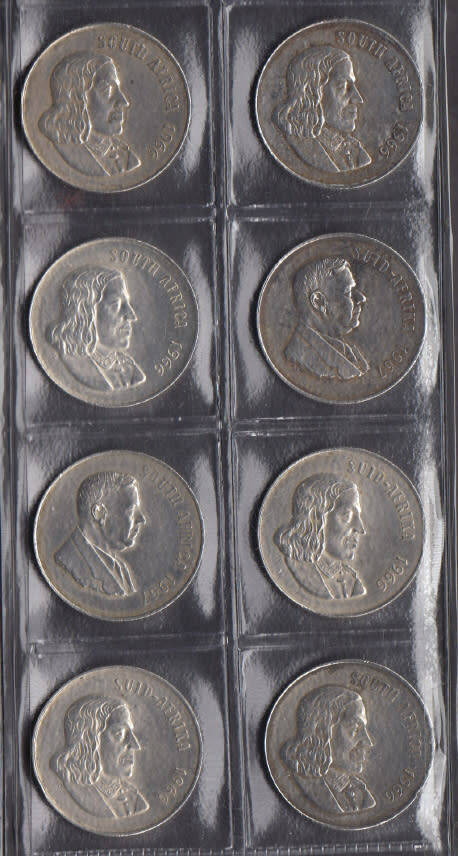 Eight SILVER R1 coins of the Republic of South Africa