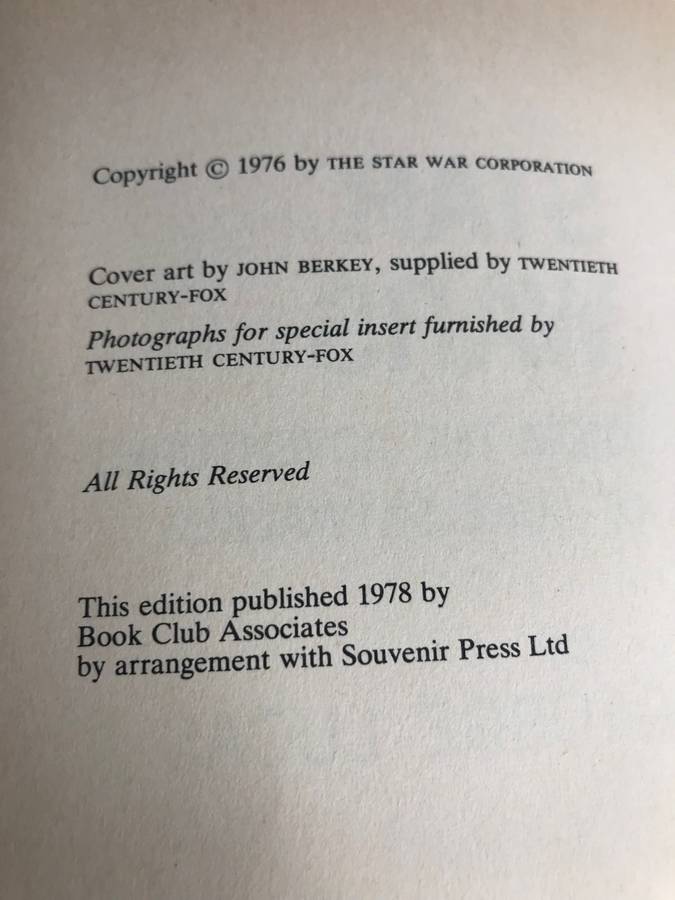 Star Wars Book Original 1978 written by George Lucas with original dust cover Plates inside 8 pages