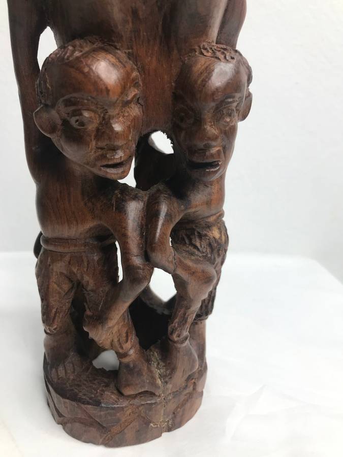 Wood Art Hand Carved Sculpture in Ebony one Piece Family holding up a Hand 35cm x 10cm