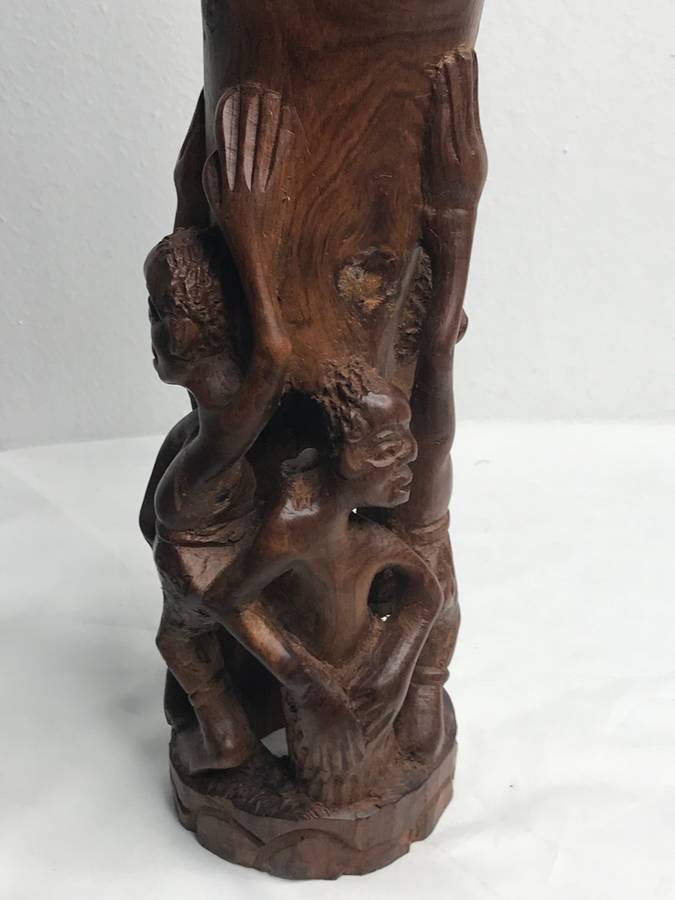 Wood Art Hand Carved Sculpture in Ebony one Piece Family holding up a Hand 35cm x 10cm