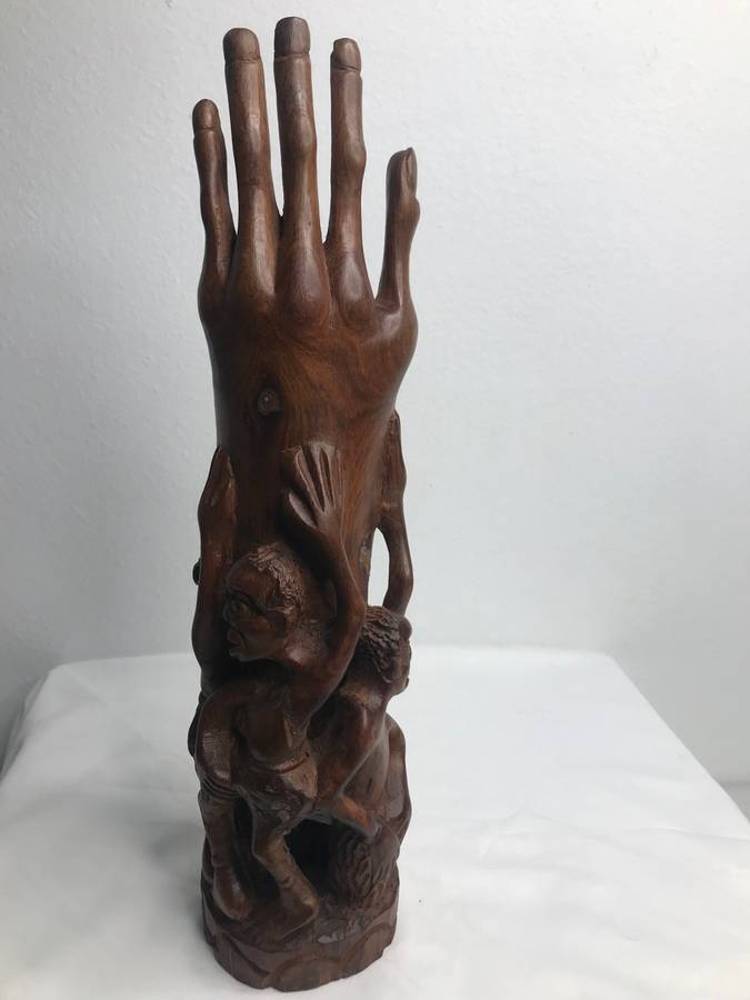 Wood Art Hand Carved Sculpture in Ebony one Piece Family holding up a Hand 35cm x 10cm