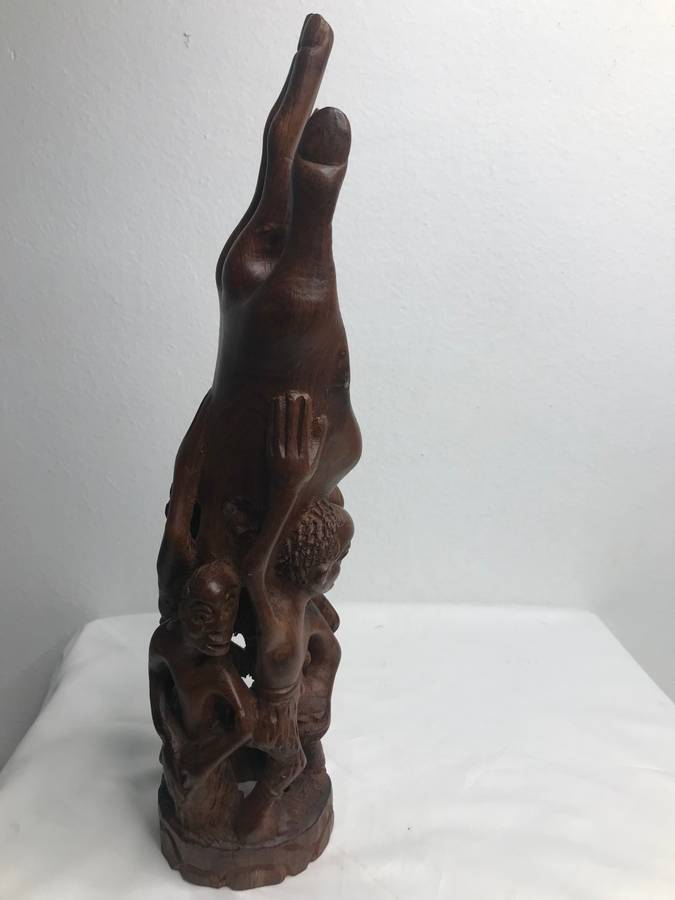 Wood Art Hand Carved Sculpture in Ebony one Piece Family holding up a Hand 35cm x 10cm
