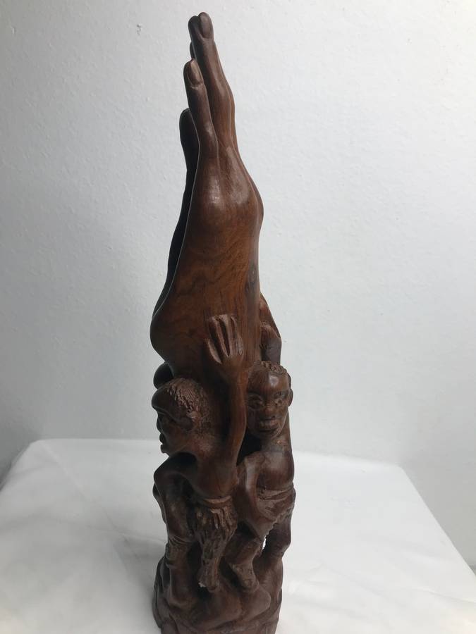 Wood Art Hand Carved Sculpture in Ebony one Piece Family holding up a Hand 35cm x 10cm