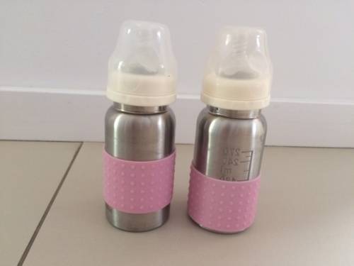 2 x Greenkid Stainless Steel Baby Bottles - 270 ml (barely been used)
