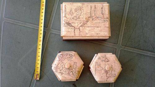 Engraved Ivory Trinket Box Collection Plus Fan and letter opener