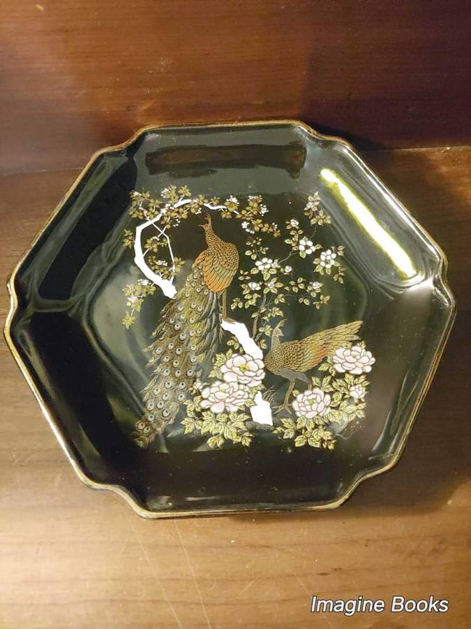 Japanese Otagiri Black Lacquerware Plate with Peacock and Flowers