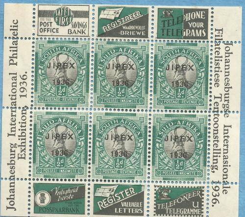RSA 1936, 2 Nov JIPEX 1936 Overprint Sheet of 6 Mint Stamps, CV R 130.00 View scans