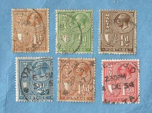 Malta. 1926/28. King George V and Coat of Arms. 6 Used Stamps.  C V+/ - R 37.00 View scans
