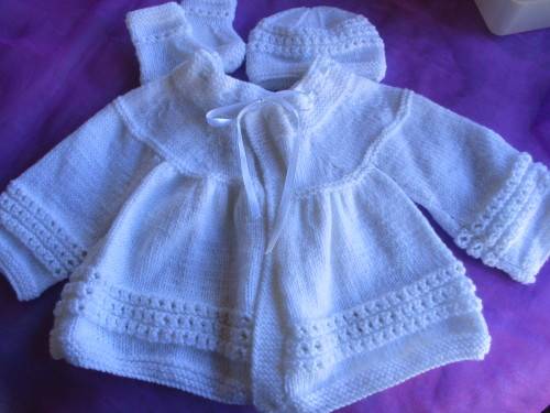 Hand Knitted 4 piece Matinee Set in White to fit 3-6mnths