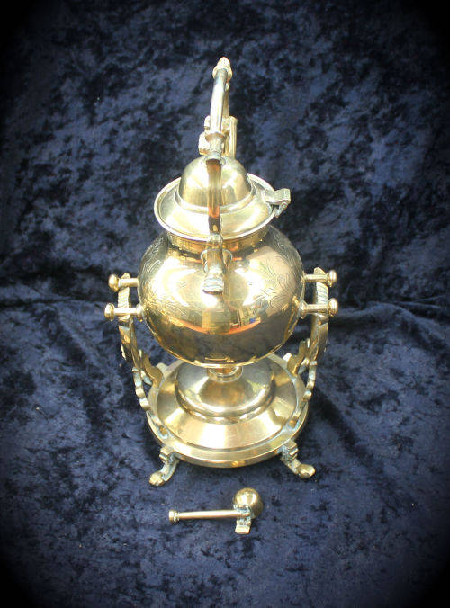 Brass Kettle on Stand with Burner- snuffer hinge broken 1.295kg -290x180x150mm