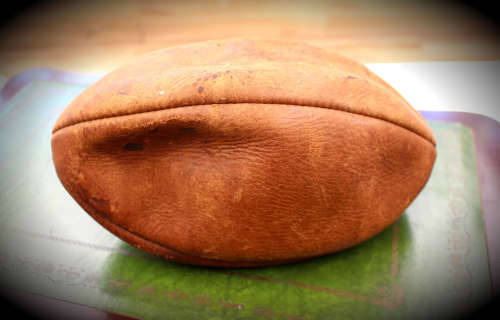 Vintage Leather Rugby Ball with Bladder - unidentified signatures on the ball