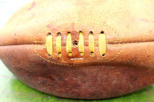 Vintage Leather Rugby Ball with Bladder - unidentified signatures on the ball