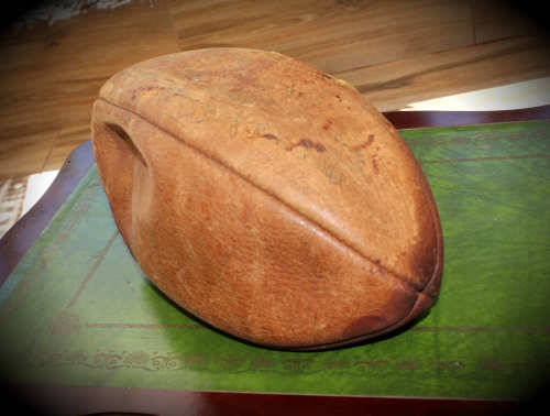 Vintage Leather Rugby Ball with Bladder - unidentified signatures on the ball