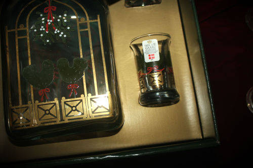 Collectable 1994 Holmegaard Christmas Bottle and 4 Dram Glasses designed by Michael Bang-Denmark